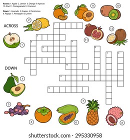 Vector crossword, game for children about fruits (apple, kiwi, persimmon, grapes, papaya, lemon, pear, pineapple, avocado, lychee, orange, coconut)