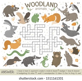 Vector crossword puzzle with forest animals. Bright and colorful quiz for children. Educational activity with fox, wolf, bear, squirrel, hare, deer