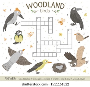 Vector crossword puzzle with forest birds. Bright and colorful quiz for children. Educational activity with woodpecker, owl, cuckoo, oriole, wren, raven