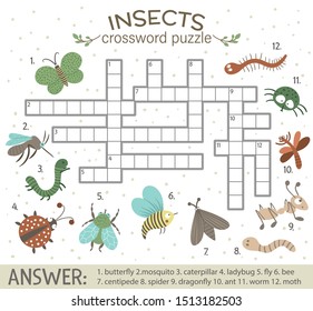 Vector crossword puzzle with forest insects. Bright and colorful quiz for children. Educational activity with ant, caterpillar, butterfly, dragonfly, Warm, Bee.