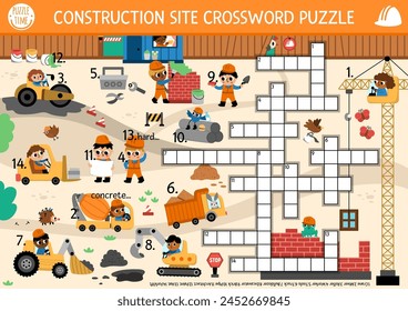 Crucigrama de Vector para niños con el paisaje del sitio de construcción. Quiz con trabajadores, vehículos industriales, casa de ladrillo para niños. Actividad educativa linda del cross word con la escena de obras de construcción
