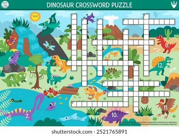 Vector crucigrama para niños con nombres de dinosaurios. Cuestionario con paisaje de tierra de dinosaurios para niños. Actividad educativa con T-rex, triceratops, estegosaurio. Crucigrama lindo con escena prehistórica
