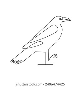 Vector crow drawing in one continuous line isolated on white background illustration minimal