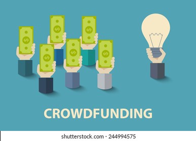 Vector crowd funding concept with a businessman funding project by raising monetary contributions from crowd of people in new business model