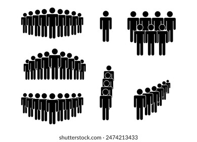 Vektorgrafik-Crowd-Symbole. Schwarze Silhouetten von Menschen. Gruppen- und Einzelzahlen. Minimalistisches Design.