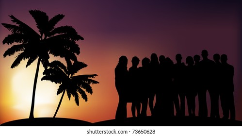 vector crowd on a sunset beach