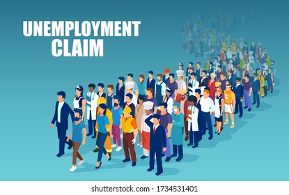 Vector of a crowd of people of different occupations standing in a line to claim unemployment 