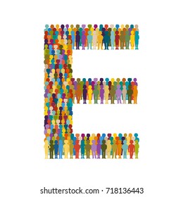 Vector crowd of people in form of capital letter E flat style