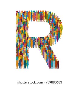 Vector crowd of people in form of capital letter R flat style