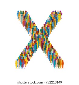 Vector crowd of people in form of capital letter X flat style