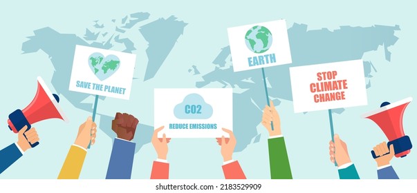 Vector of a crowd of people protesting against climate change, hands holding posters with climate change and global warming quotes. 