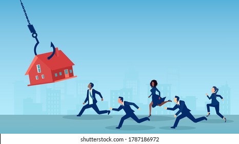 Vector Of A Crowd Of People Running After A House On A Fishing Hook