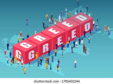 Vector of a crowd of people standing by 3d cube blocks building the word greed