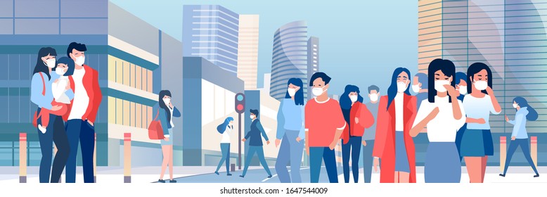 Vector of a crowd of people wearing protective respiratory masks walking on a street with cityscape background. Virus epidemics prevention and control concept