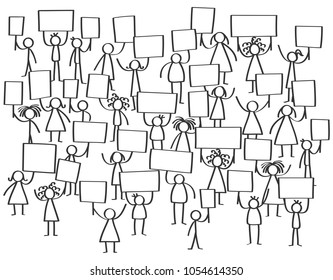 Vector crowd of protesting stick figures, men and women holding up blank boards isolated on white background