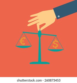 Vector crowdfunding concept in flat style - Human hand holding scales with coins dollar and euro