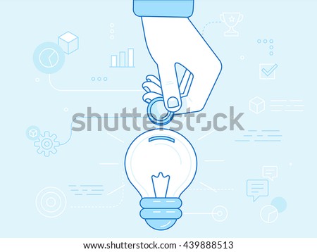Vector crowdfunding concept in flat style - new business model - funding project by raising monetary contributions from people - hand putting coin inside the light bulb