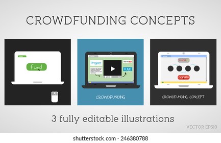 Vector crowdfunding concepts set. Online fund the project. Network donation. Sponsor using the internet. Flat design on colored background. Vector - Shutterstock ID 246380788