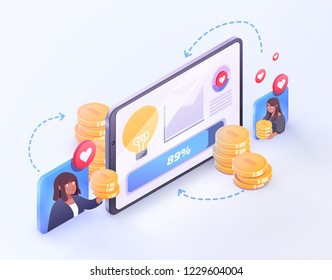 Vector crowdfunding technology concept. New business model. Good project idea, funding by crowd, receiving a profit. Vector Illustration