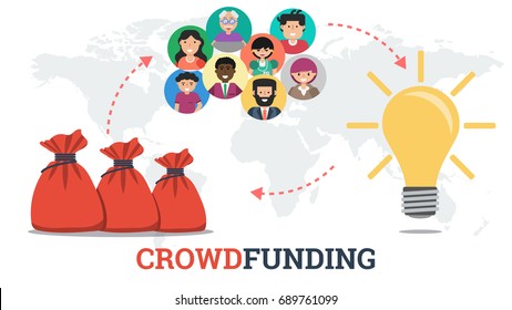 Vector crowdfunding technology concept. New business model. Good project idea, funding by crowd, receiving a profit