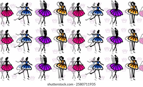 Vector crown and ballerina, repeating design for children on white background