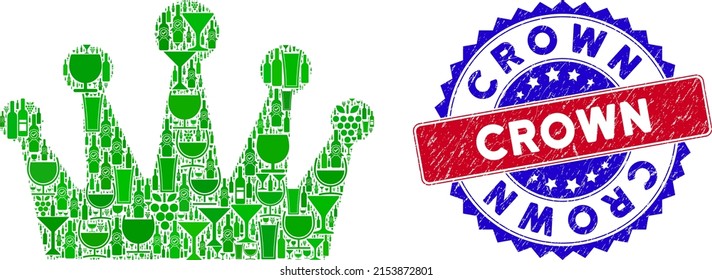 Vector crown icon wine combination and grunge bicolor Crown seal stamp. Red and blue bicolored imprint with grunge surface and Crown tag. Crown mosaic icon formed with wine cups,