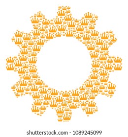 Vector crown icons are formed into cog collage. Equipment design concept constructed of crown components.