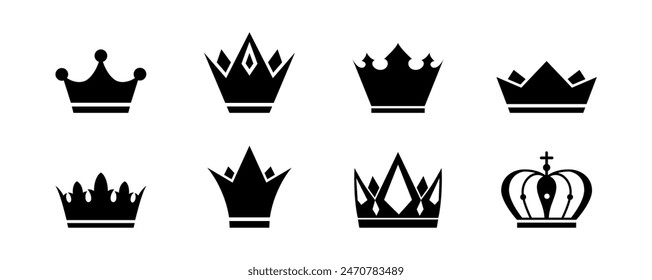 Vector crown icons or logos set. Crowns silhouettes isolated on white background.