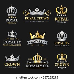 Vector crown logos set. Luxury corona monograms design. Diadem icons illustrations. Used for hotel, restaurant, boutique, jewellery invitation, business card etc.