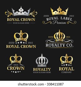 Vector crown logos set. Luxury corona monograms design. Diadem icons illustrations. Used for hotel, restaurant, boutique, jewellery invitation, business card etc.