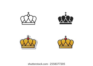 vector crown with red jewels made in outline, silhouette, stickers and outline filled styles