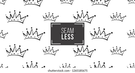 Vector crown seamless pattern background. Black outline hand drawn crown illustrations. Simple fashionable backdrop for invitation and wedding decoration design.
