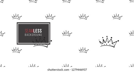 Vector crown seamless pattern background. Black outline hand drawn crown illustrations. Simple fashionable backdrop for invitation and wedding decoration design.