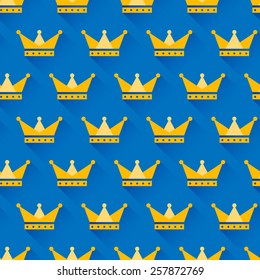 Vector crown seamless pattern with golden crowns on blue background. Symbol of power and success. Trendy flat design style with long shadow. Vector element for web design and infographics