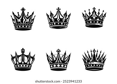 Vector Crown Set. Set of 6 Crown logo icons Illustrations. silhouette black color vector art illustration