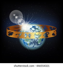 Vector crown with signs of the zodiac on a green planet earth. You can use any text or picture it on a black background.