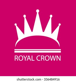 Vector crown silhouette with two lines and words "Royal Crown" beneath. Vector tiara logo with raspberry color background. Vector crown logo. White crown with jewels on top. Simple vector crown.