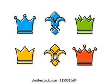 Vector crown silhouettes in line style. Crown color vector illustration