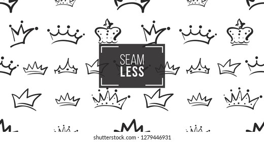 Vector crowns in different styles in seamless pattern background. Black outline hand drawn crown illustrations. Simple fashionable backdrop for invitation and wedding decoration design.