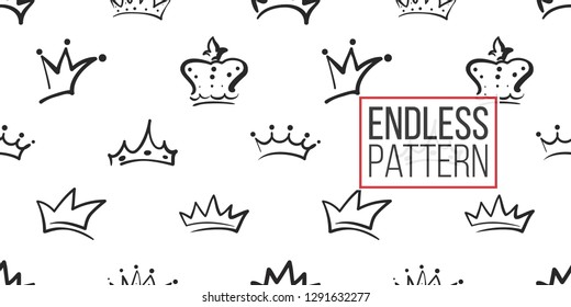 Vector crowns in different styles in seamless pattern background. Black outline hand drawn crown illustrations. Simple fashionable backdrop for invitation and wedding decoration design.