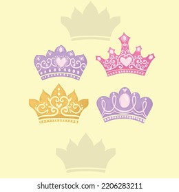  coronas vectoriales e icono sobre fondo amarillo. Ilustración vectorial. Emblema y símbolos reales.