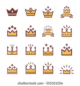 Vector  Crowns icons set, royalty, king, monarch, sovereign, queen symbols, gold 