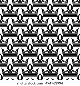 Vector crowns seamless pattern in black and white. Illustration of decoration creative