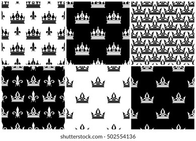 Vector crowns seamless patterns set in black and white. Collection of monochrome background illustration