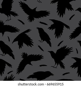 Vector crows isolated on a grey background. Seamless pattern can be used for wallpaper, pattern fills, web page background,surface textures.