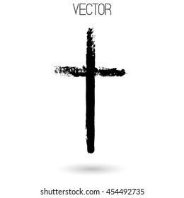 Vector Crucifix painted by dry brush. Hand drawn black cross symbol isolated on white backgroundnd.Textured element, Ink. 
