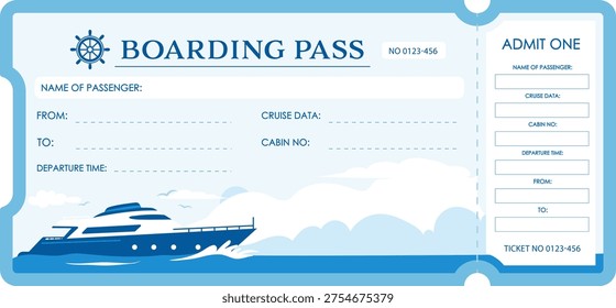 Vector cruise boarding pass template with passenger information fields, departure time, cabin number and travel route. Stylish nautical design with ocean liner and sea background. Perfect for cruise travel concepts, tourism promotions, vacation tickets, maritime events, invitations or travel agency materials.