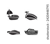 vector cruise ships and boats. barge,   shipping and fishing boat signs. black silhouette of marine vehicles