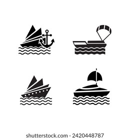 vector cruise ships and boats. barge,   shipping and fishing boat signs. black silhouette of marine vehicles