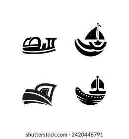 vector cruise ships and boats. barge,   shipping and fishing boat signs. black silhouette of marine vehicles